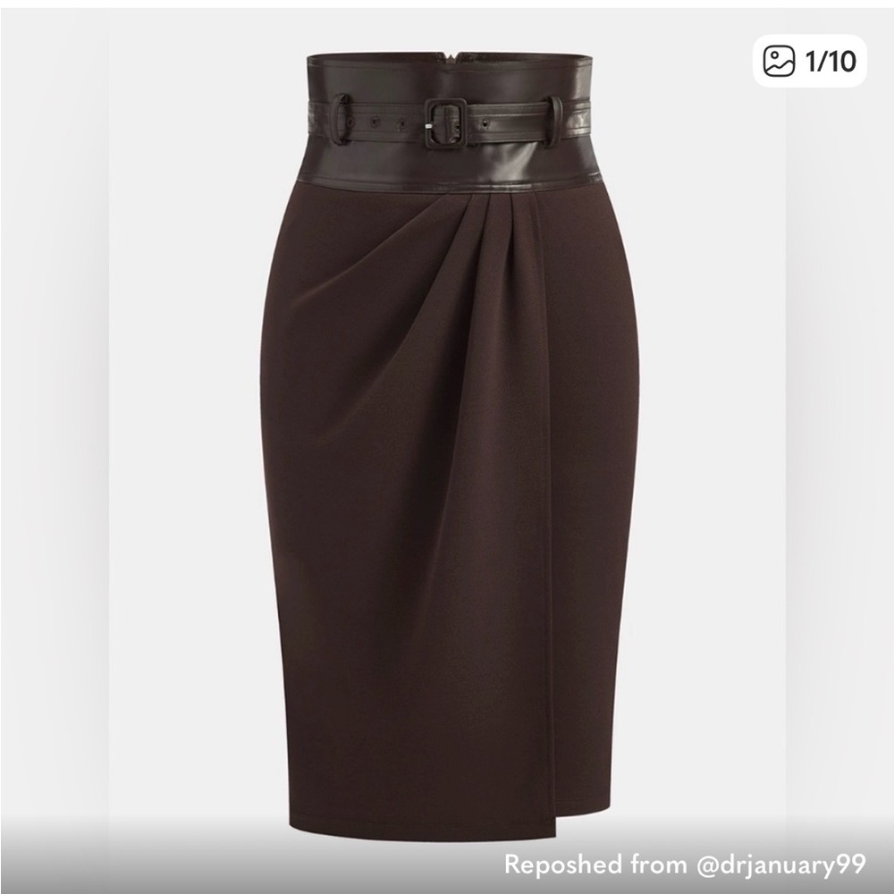 🤎 Commense Faux Leather Panel Midi Skirt with Belt | Dark Brown | Pencil Skirt
